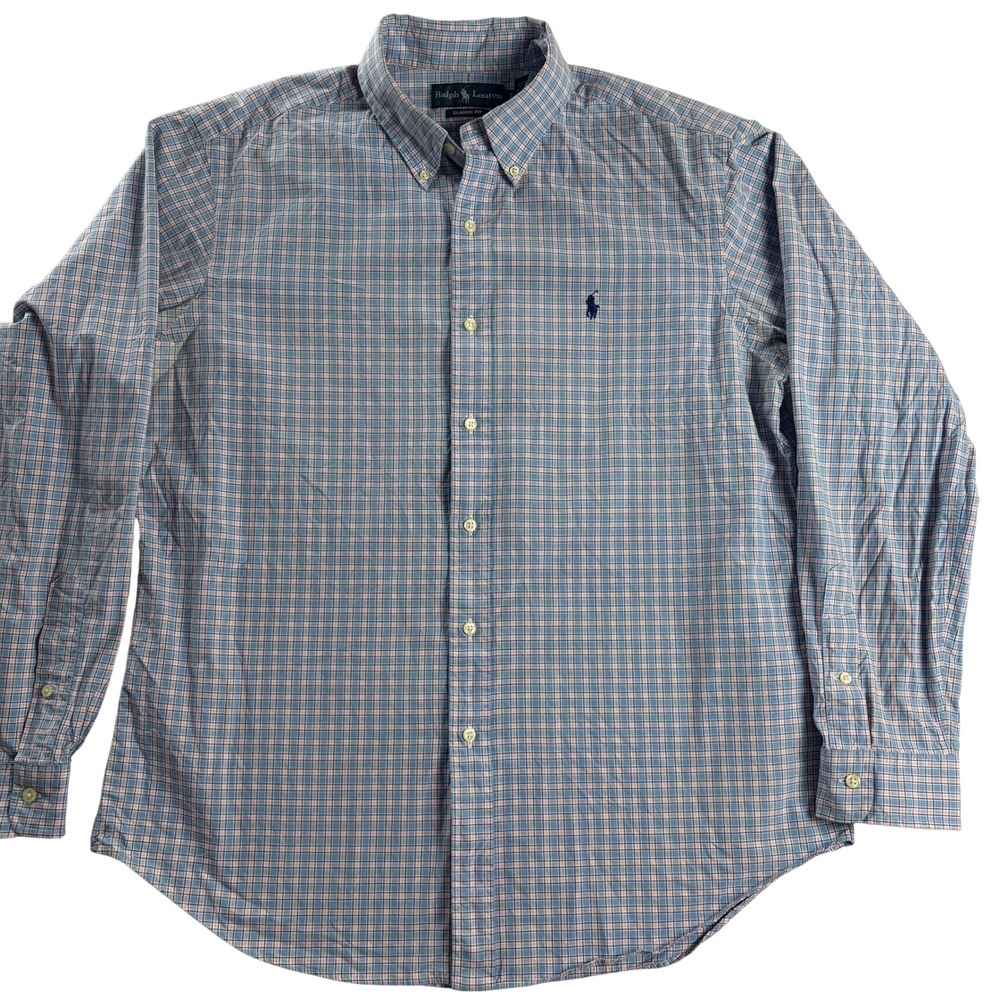 Ralph Lauren Mens L Blue Pink Plaid Classic Fit Cotton Button Down Shirt